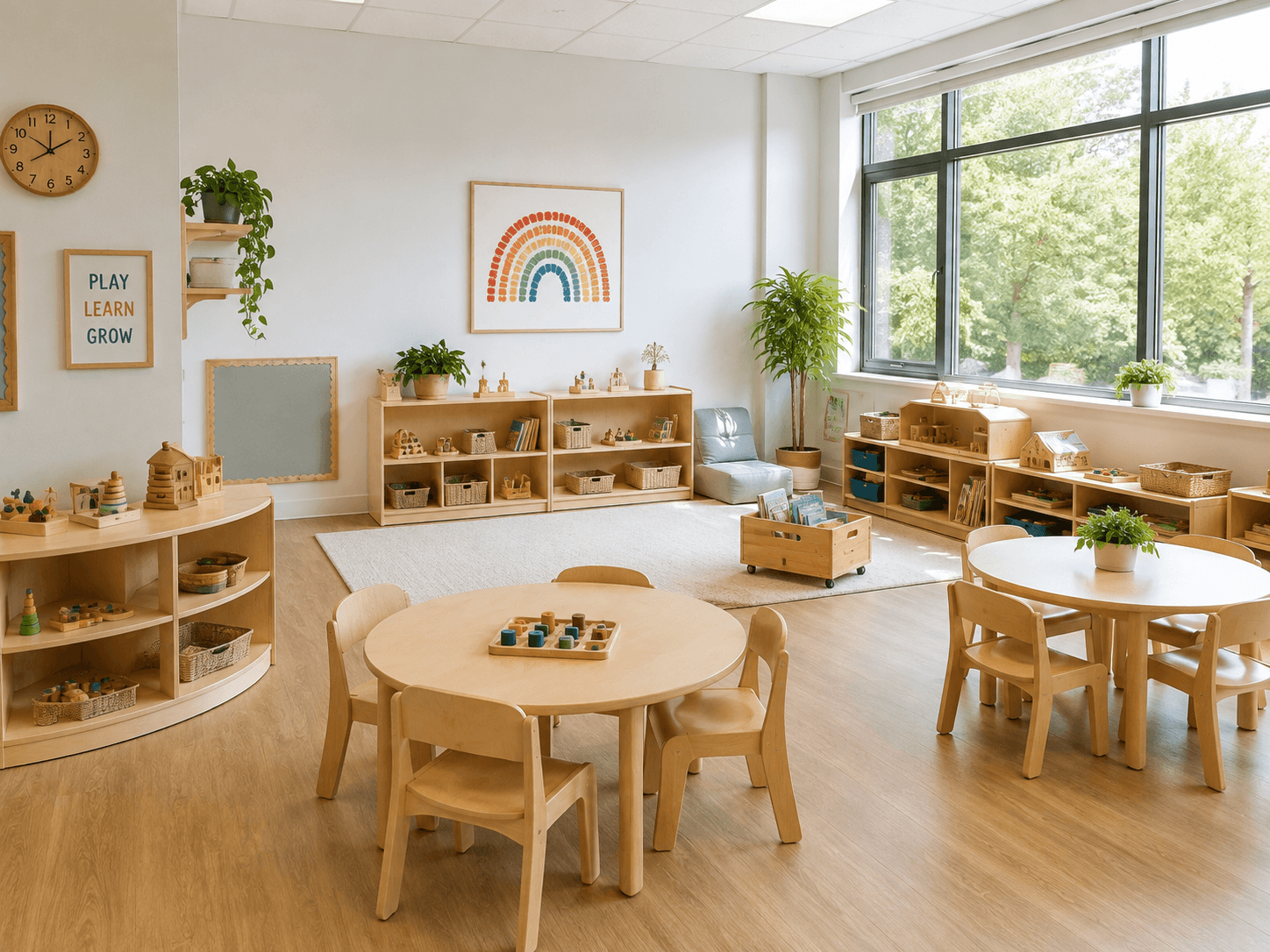 A bright child-sized preschool classroom with low open shelving