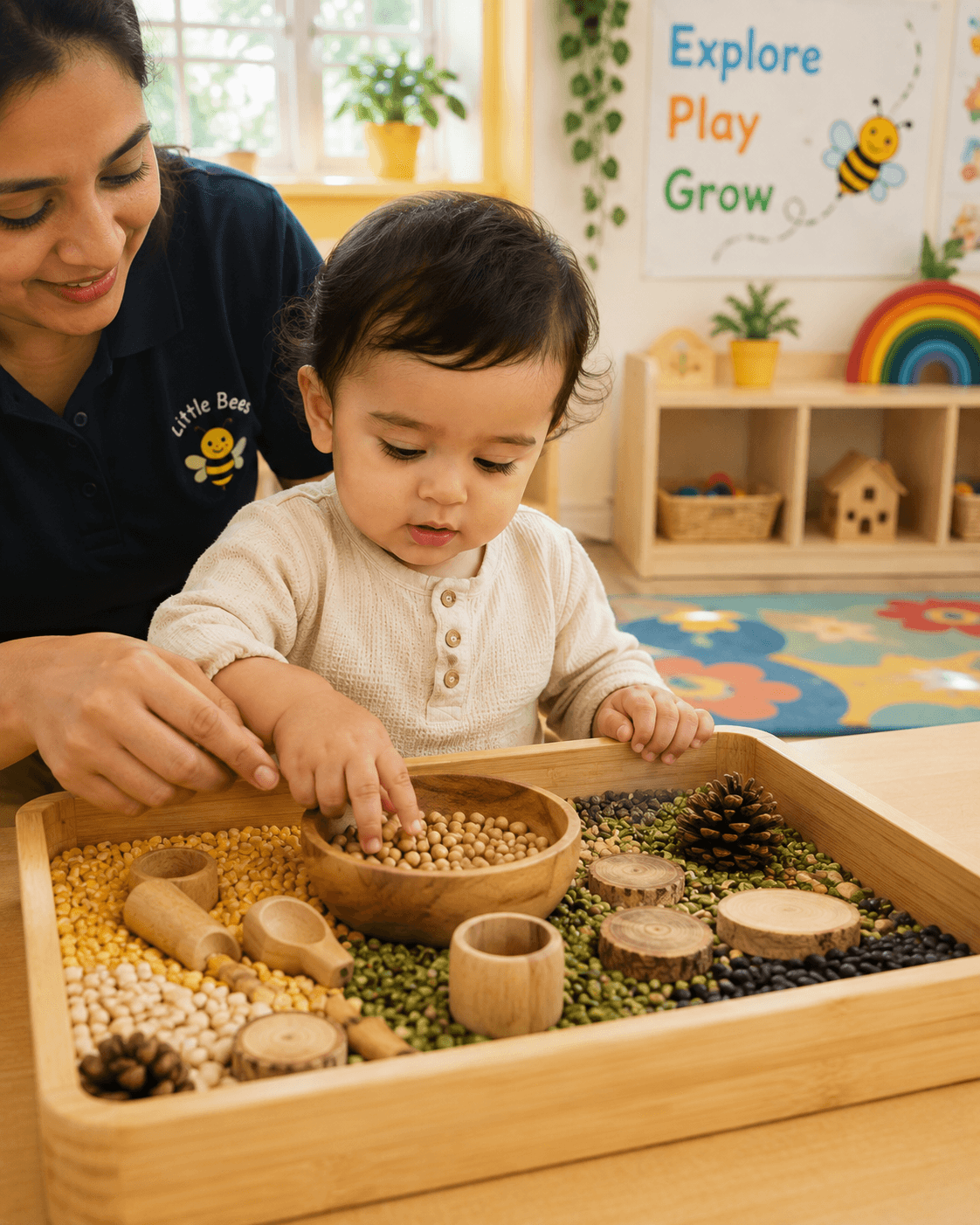 A two-year-old exploring a wooden sensory tray with a teacher at Neobee Preschool
