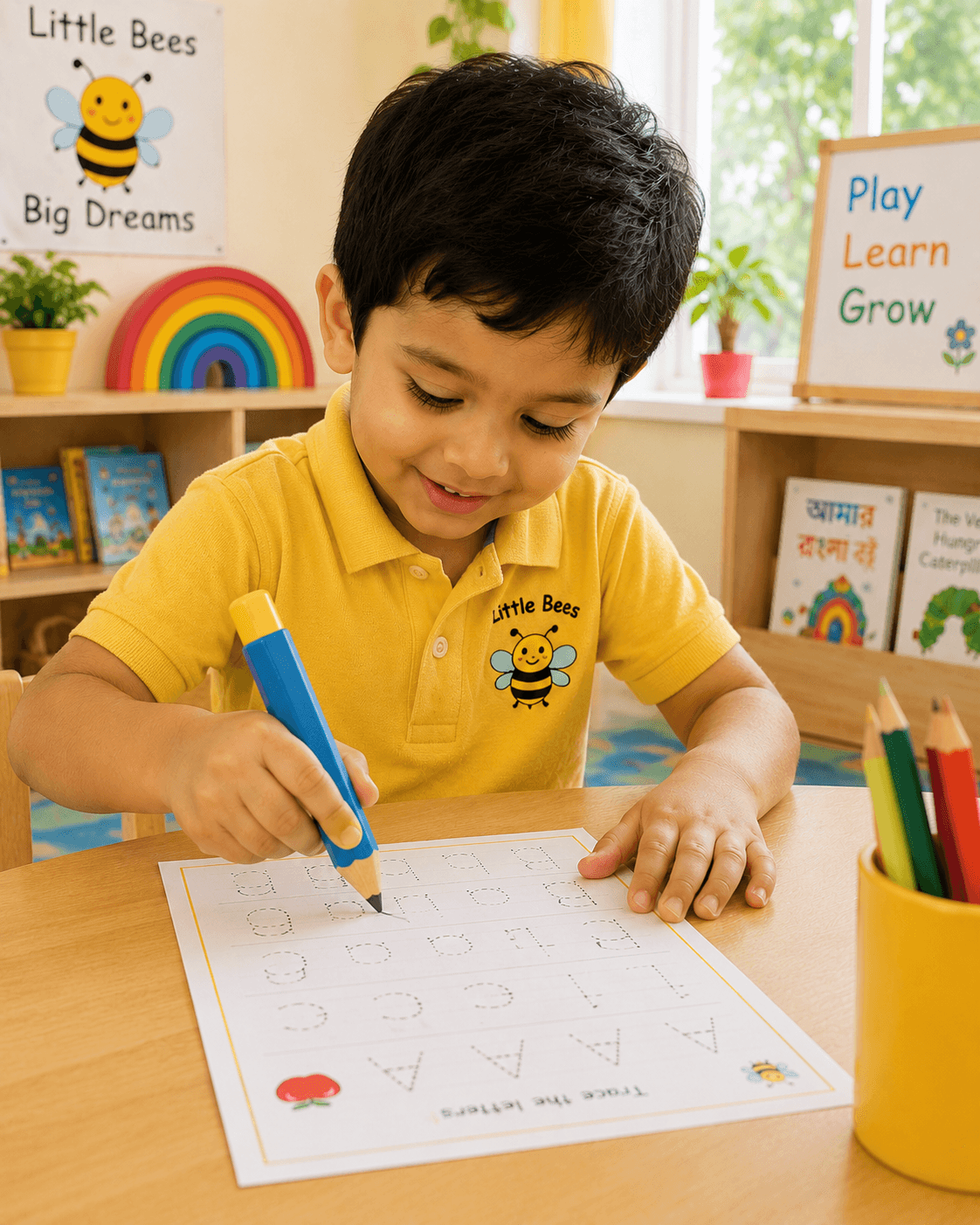 A four-year-old practising early writing with a chunky pencil at Neobee Preschool