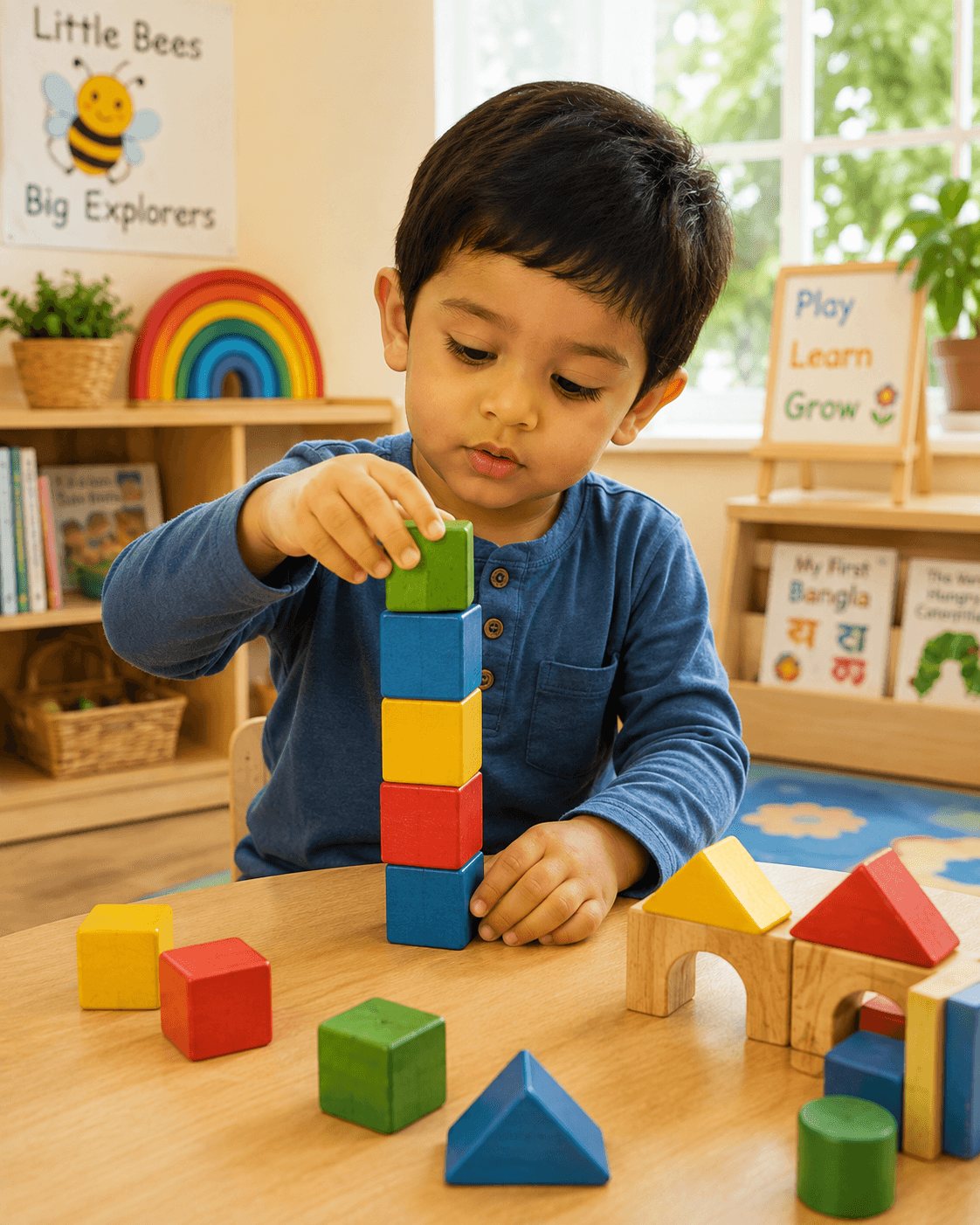 A three-year-old stacking colourful wooden blocks in the Explorer Bees classroom