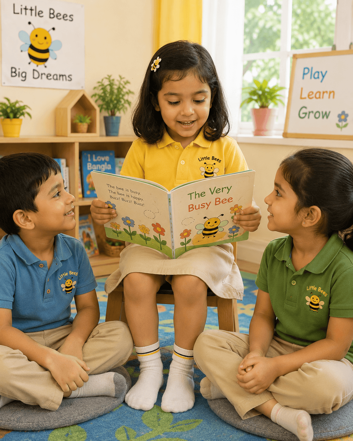 A five-year-old reading a picture book aloud to classmates before Grade 1
