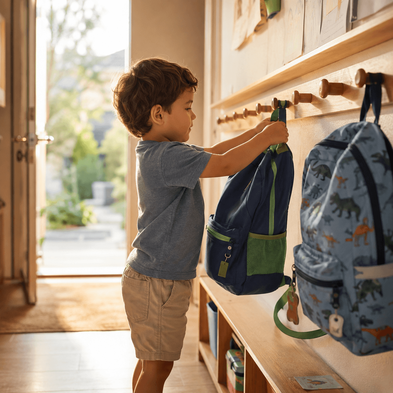 A child hanging a backpack on a low peg rail at morning welcome