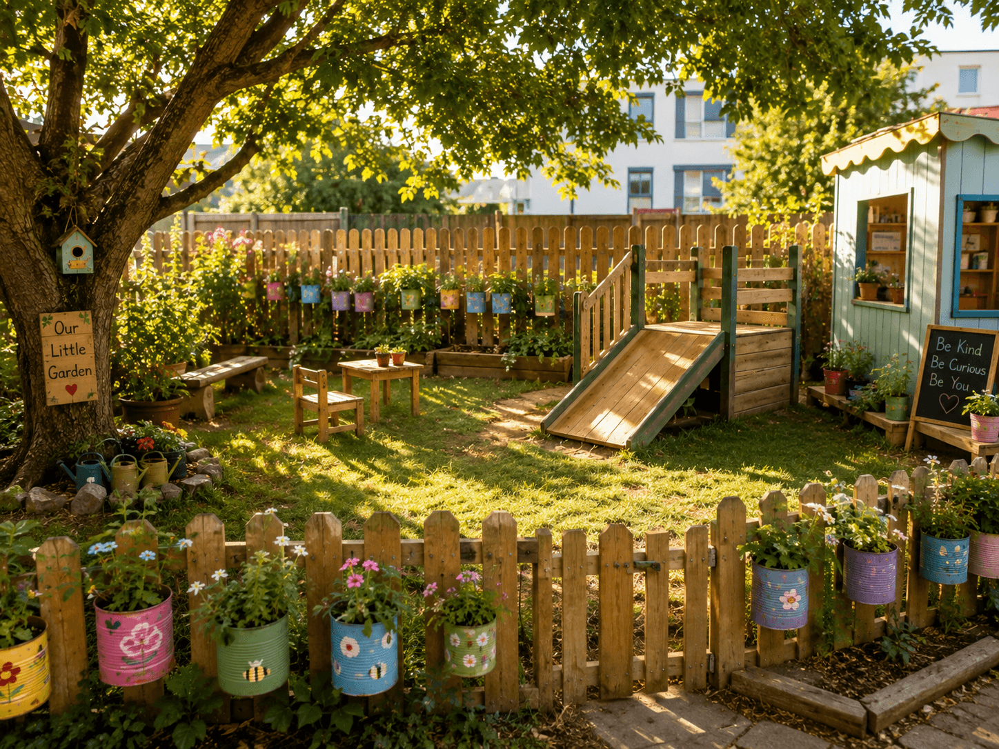 Our outdoor play garden with a climbing structure, sandpit, and plants children help tend