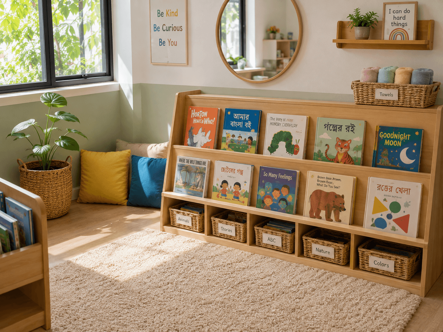 The library corner with baskets of English and Bangla picture books sorted by theme